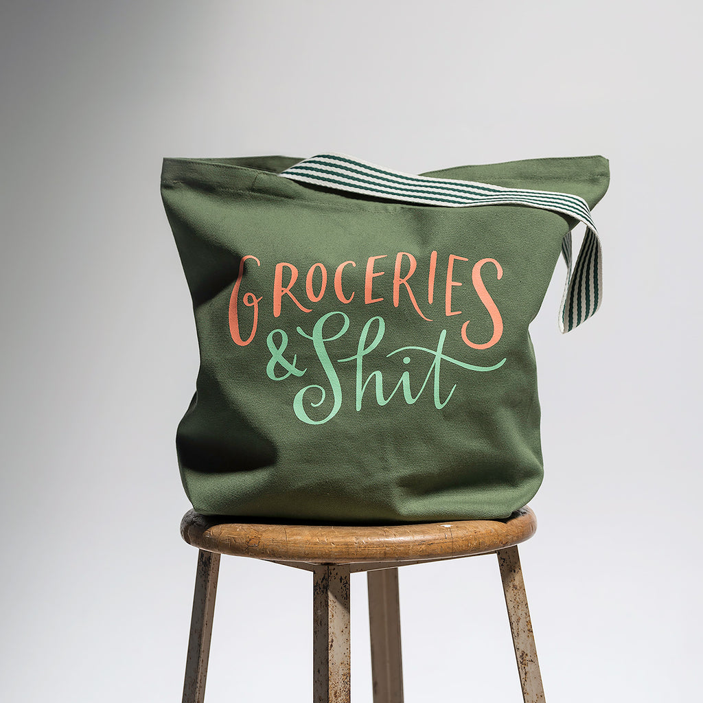 Em & Friends Groceries & Shit Tote Bag (Olive) Canvas Tote Bag by Em and Friends