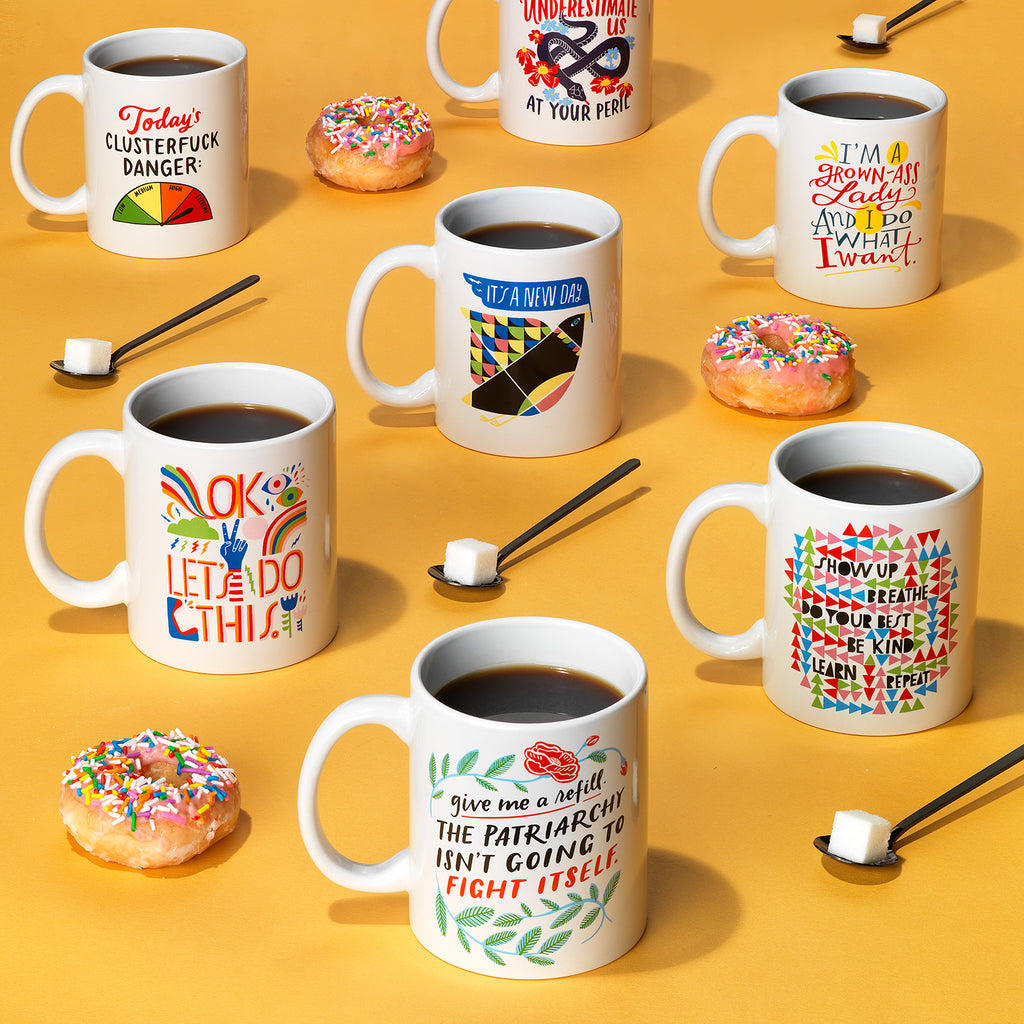 Emily McDowell & Friends coffee mugs with donuts