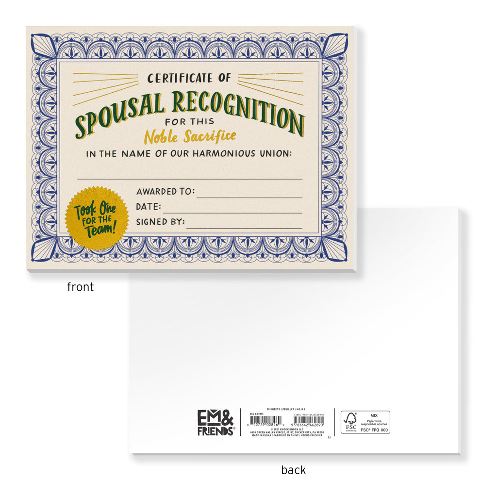 Spouse Recognition Wife / Husband Award Paper Certificate Note Pad | Em ...