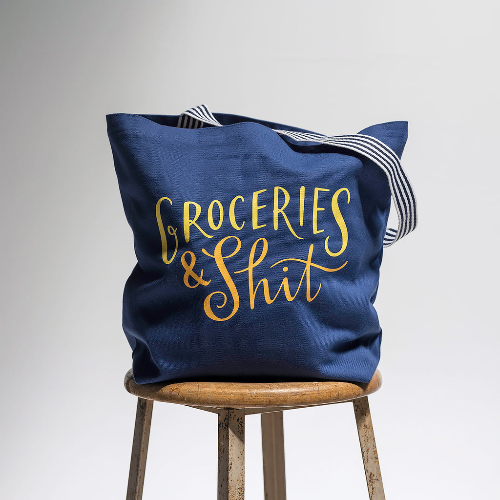 Em & Friends Groceries & Shit Tote Bag (Navy) Canvas Tote Bag by Em and Friends