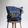 view Em & Friends Groceries & Shit Tote Bag (Navy) Canvas Tote Bag by Em and Friends
