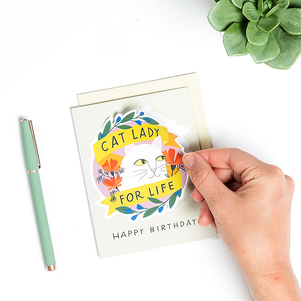 Em & Friends Cat Lady for Life Birthday Sticker Card Blank Greeting Cards with Envelope by Em and Friends
