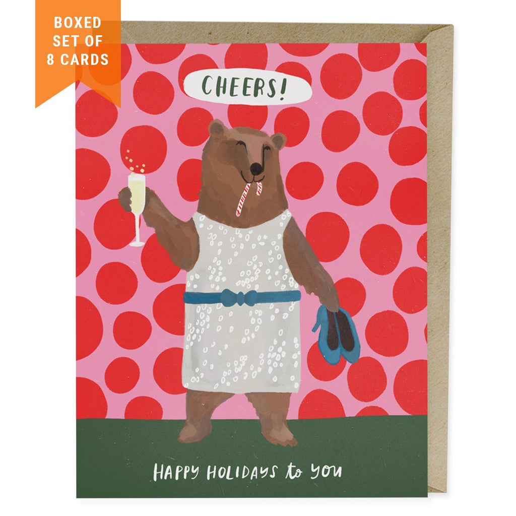 Em & Friends Cheers Bear Holiday Card, Box of 8 by Em and Friends, SKU 2-02216