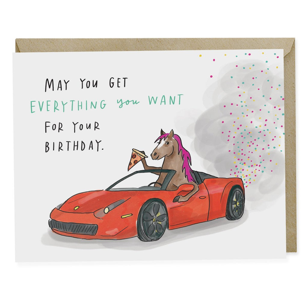 Em & Friends Pony Ferrari Pizza Birthday Card Blank Greeting Cards with Envelope by Em and Friends, SKU 2-02008